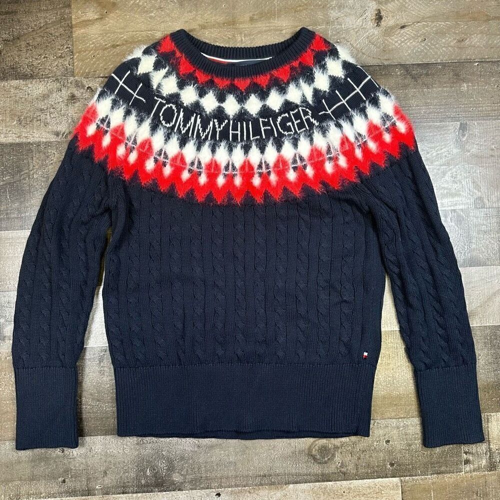 Tommy Hilfiger Womens size small S/P Fair Isle Sweater Blue red patriotic